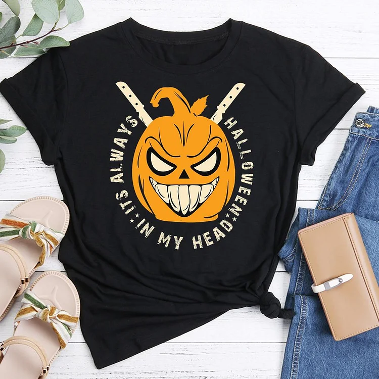 Halloween Always in my Head Evil Pumpkin T-shirt Tee -05430