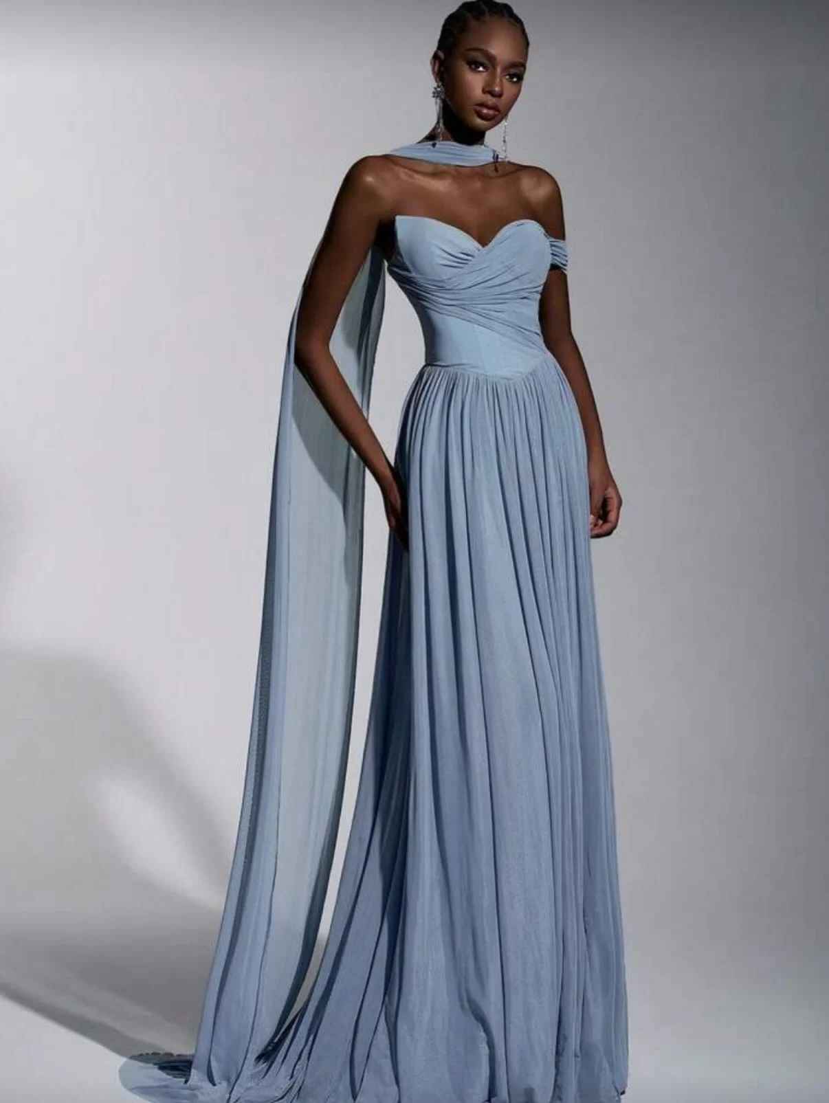 Lussooy Dusty Blue Sweetheart One Shoulder Evening Dress in Chiffon With Split