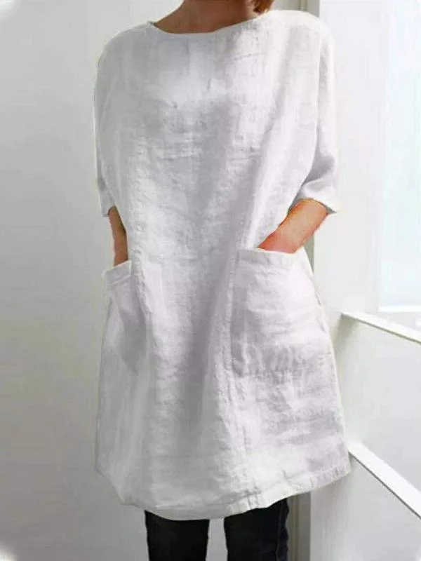 Vintage Double Pockets Half Sleeve Tunic Dress-Mayoulove