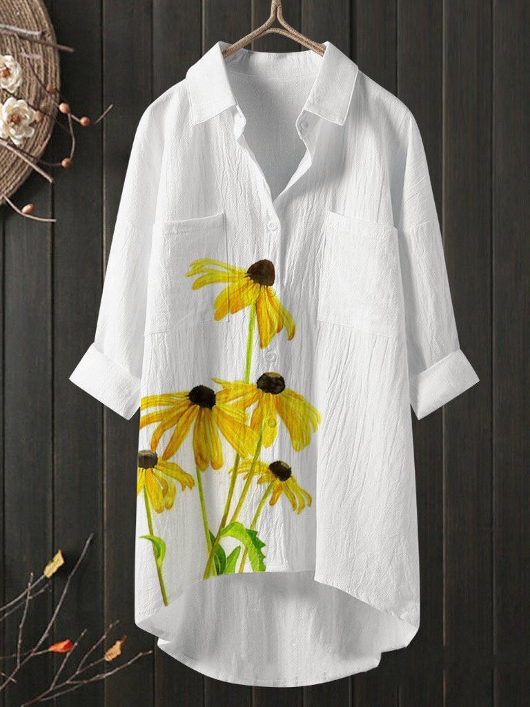 Temperament Flower Print Cotton Linen Shirt Loose Shirt Top