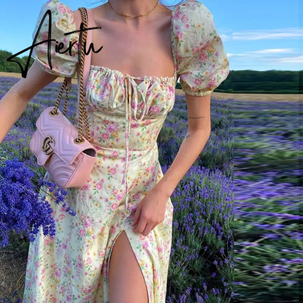 Aiertu summer Print Dress fashion elegant Slit maxi dress Floral Short Puff Sleeves Square Collar Holiday Dress  french romantic  Sexy Aiertu