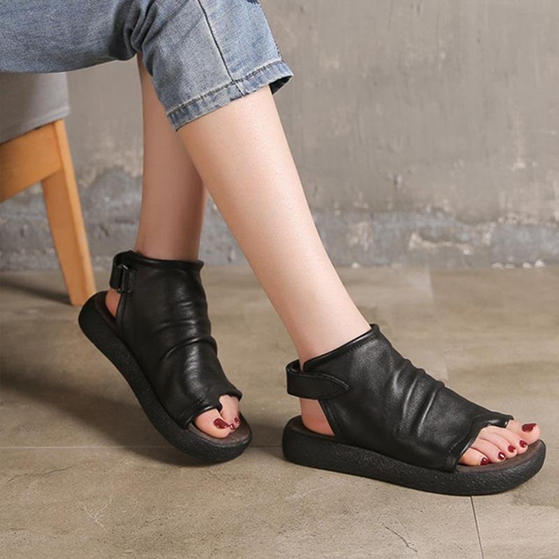 Cowhide Low Heel Clip Toe Summer Women Sandals- Fabulory