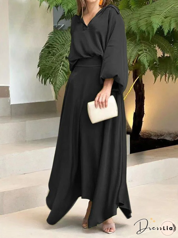 Sets Loose Solid Shirt & High Waist Skirt Two Piece Set for Women