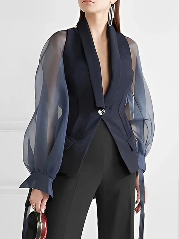 Loose Puff Sleeves See-Through Split-Joint Lapel Blazer Suits Blouses&Shirts Tops