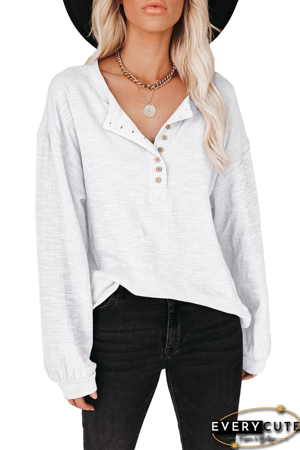 White Solid Color Buttoned Front Long Sleeve Top