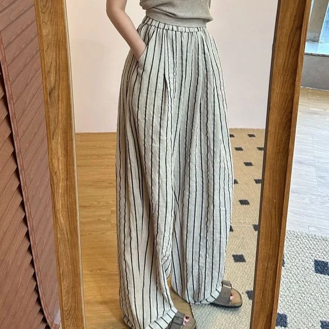 Striped Wide Plain Waist Pants High Leg