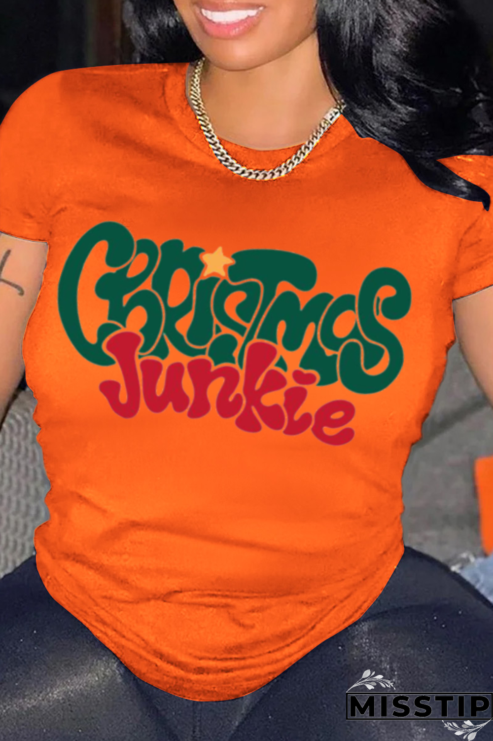 Orange Vintage Print Patchwork O Neck T-Shirts
