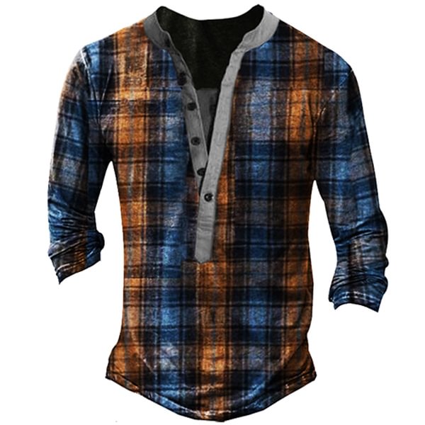 Retro Plaid Men's Outdoor Tactics Henley Button Long Sleeve Shirt-Compassnice®