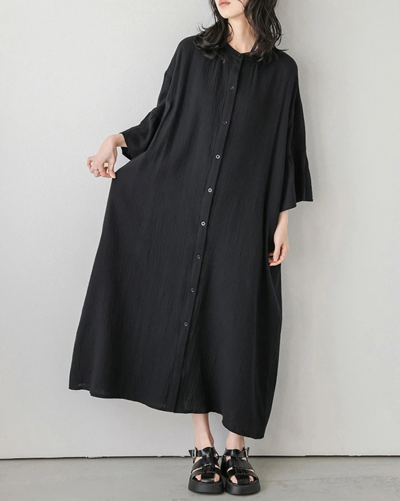 Three Quarter Sleeve Single Breasted Solid Color Loose Shirt Dress