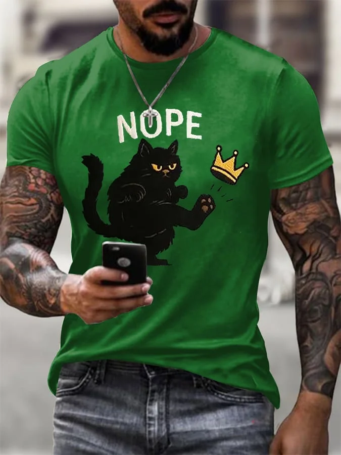 Men's Retro No Kings In America Cat Crown Nope Print T-Shirt  socialshop
