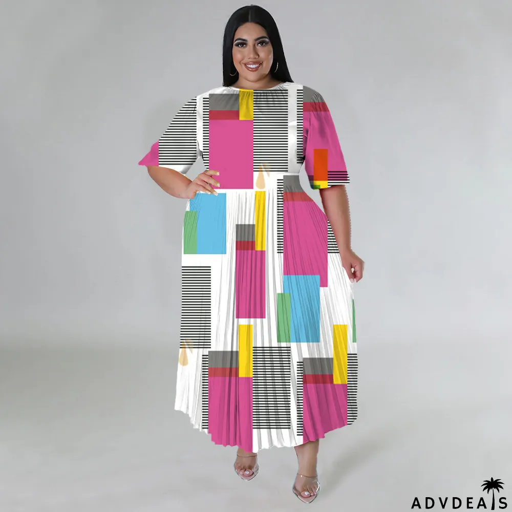 Plus Size Women's Digital Positioning Print Pleated Round Neck Long Casual Dress