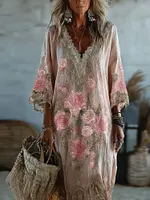 Women's Bohemian Style Pink Rose Embroidery Comfortable Holiday Dress