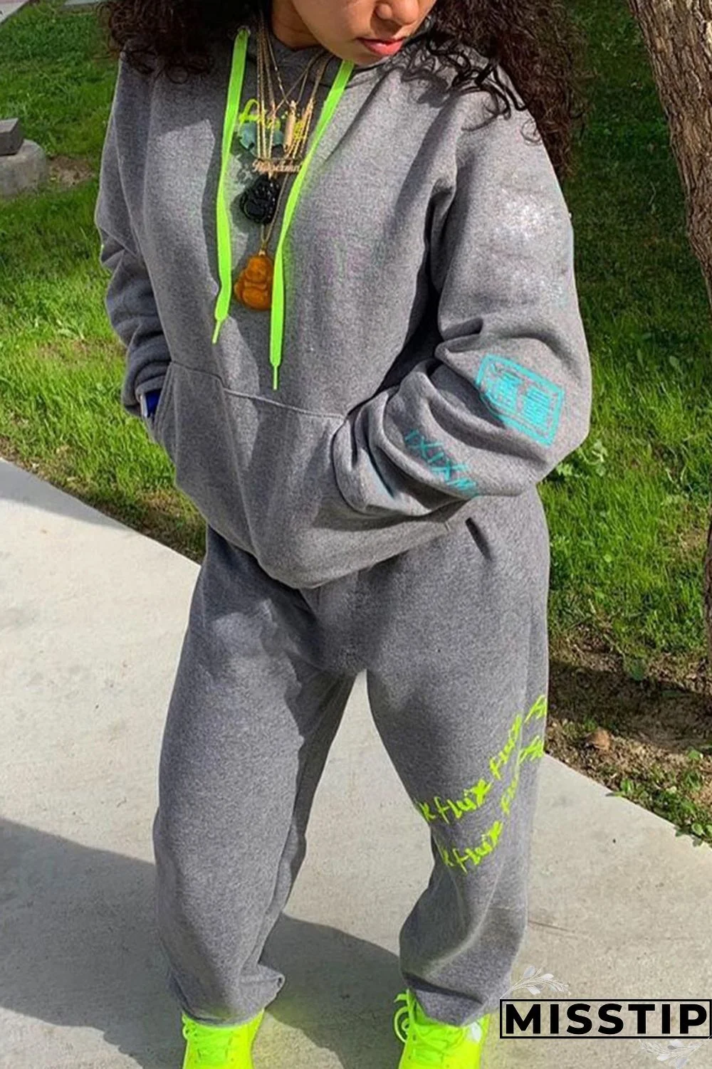 Grey Sportswear Solid Patchwork Hooded Collar Long Sleeve Regular Sleeve Regular Two Pieces