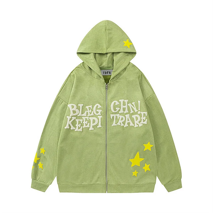 Y2k Street Letter Star Print Hoodie Loose Sweater Jacket at Hiphopee