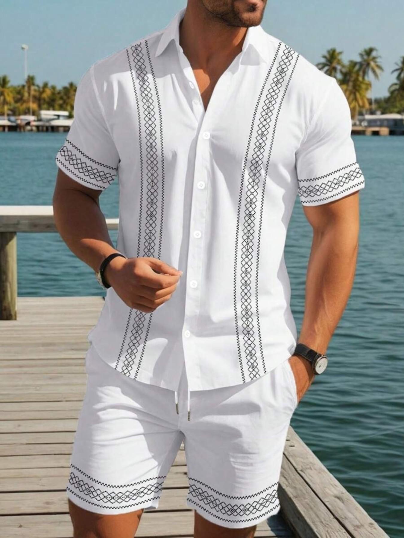 2026 Summer Holiday Hawaiian Shirt Set, Simple Design, Soft Skin-Friendly Material, Collared Blouse, Drawstring Shorts, Tropical Style