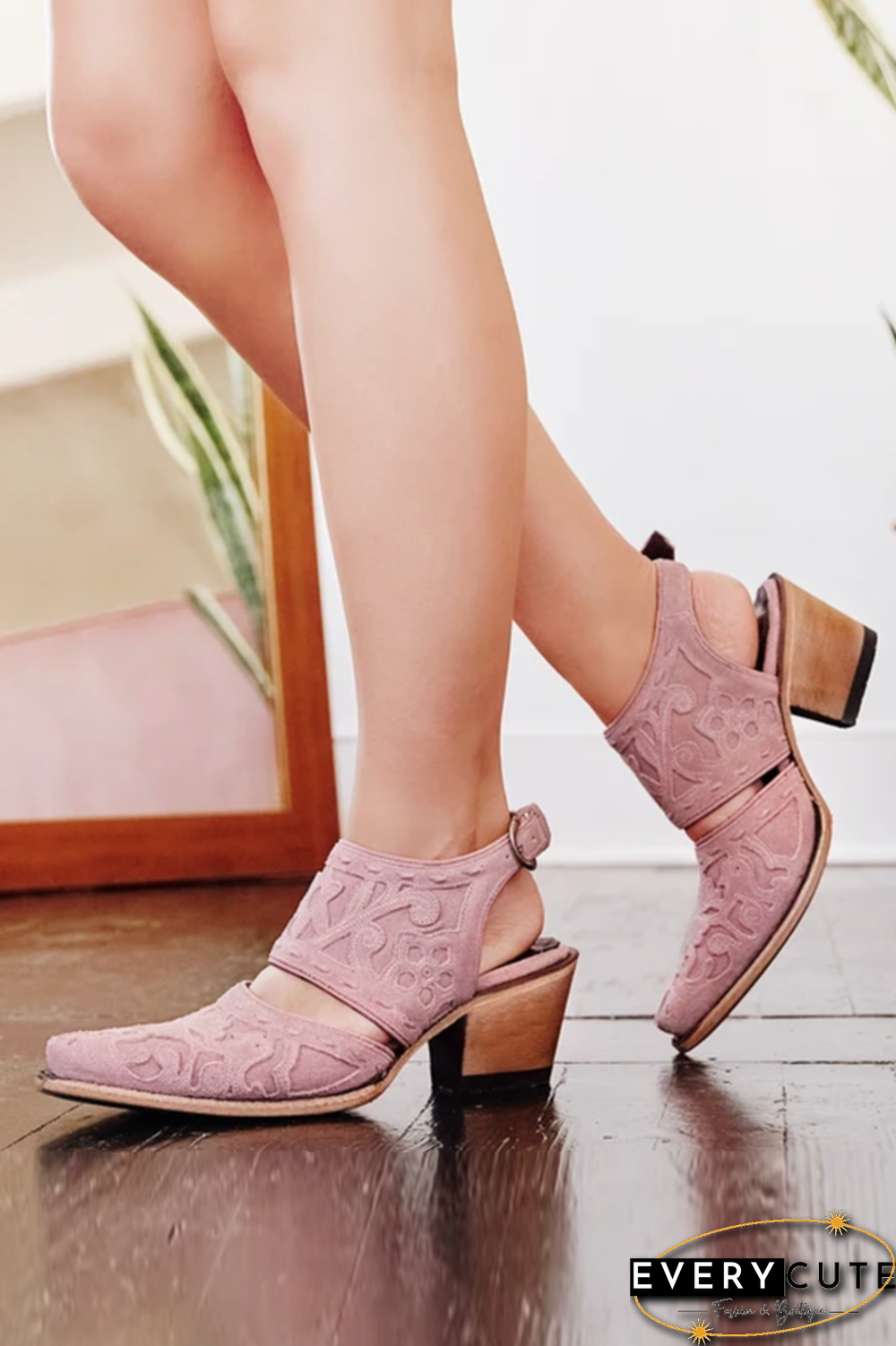 Etching Cut Out Chunky Heels Ankle Mule Boots