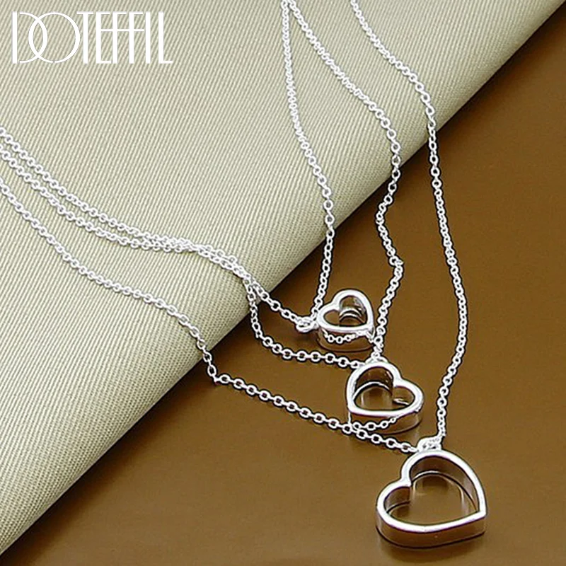 DOTEFFIL 925 Sterling Silver Three Heart Chain Pendant Necklace For Women Jewelry 