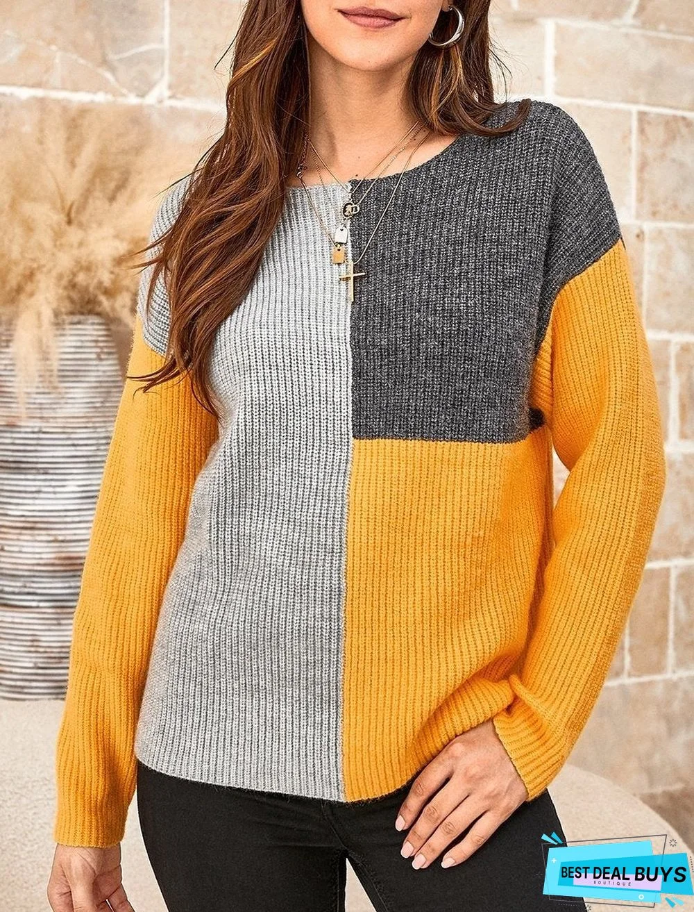 Ladies Color Block Stitching Round Neck Long-Sleeved Sweater
