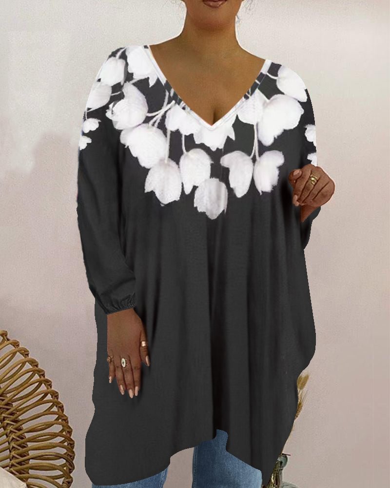 Fashion V-neck long-sleeved petal plus size blouse