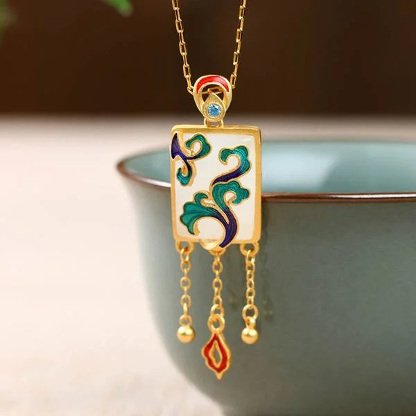 Natural Jade Enameled Xiang Yun Tassel Pendant Necklace