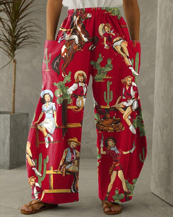Western Vintage Pattern Comfort Wide Leg Pants