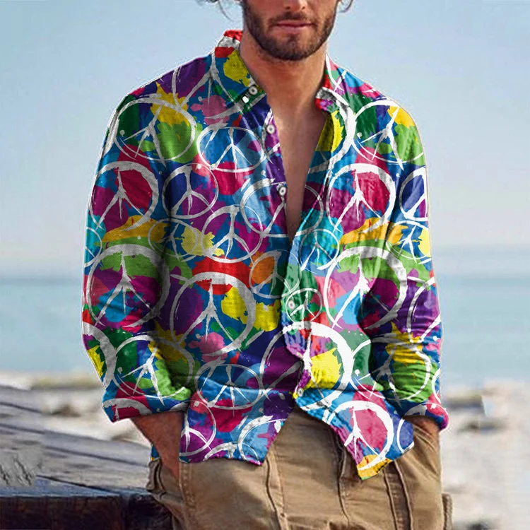 Printed men's hippie cotton linen long sleeved shirt top