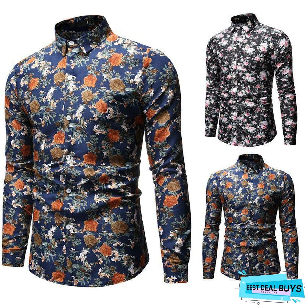 Aliexpress Wish Hong New Style Foreign Trade Men's Wear Fashion Printed Fold-Down Collar Plus-Sized Men's Long-Sleeve Shirt