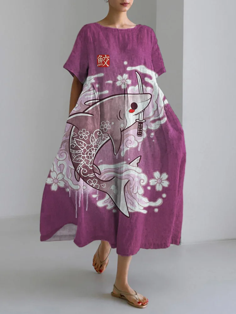 Wave & Shark Japanese Pattern Linen Maxi Dress