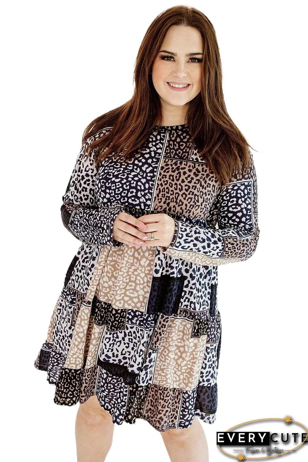 Plus Size Long Sleeve Mixed Leopard Dress