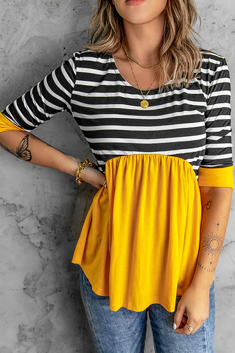 Striped Ruffled Three Quarter Sleeve O-Neck Blouse | IFYHOME