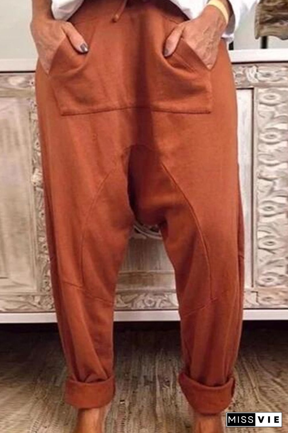 Casual Solid Draw String Pocket Loose Harlan Solid Color Bottoms