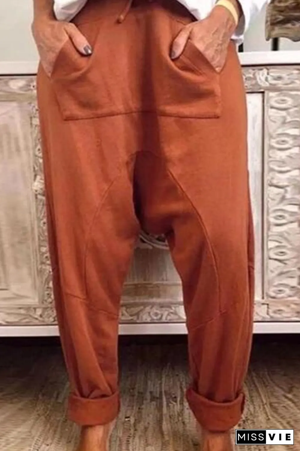 Casual Solid Draw String Pocket Loose Harlan Solid Color Bottoms