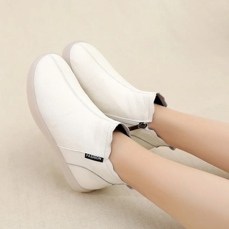 Genuine Leather Cow Women Ankle Boots Warm Wool Motorcycle Slip on Super Comfortable Booties Winter Shoes White Black