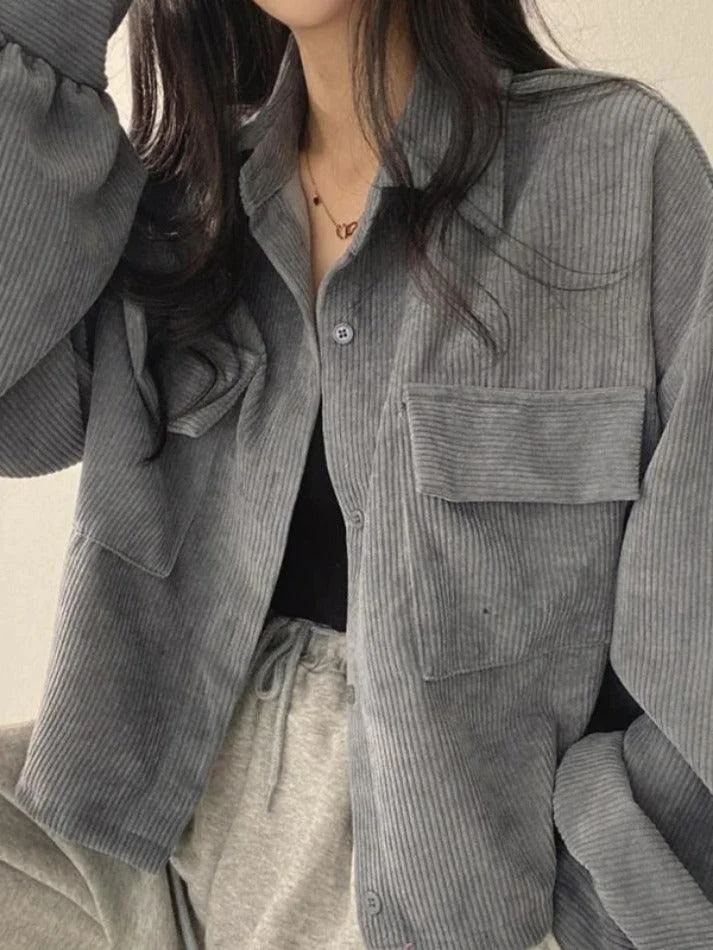 Brownm Vintage Corduroy Lapel Neck Button Long Sleeve Blouse