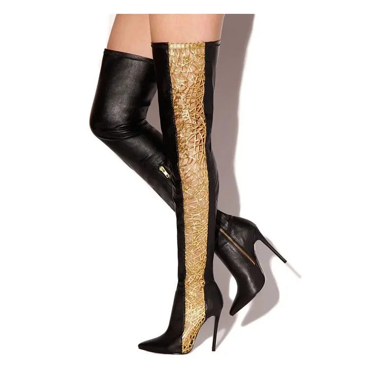 Black Stiletto Boots Hollow Out Thigh High Boots |FSJ Shoes