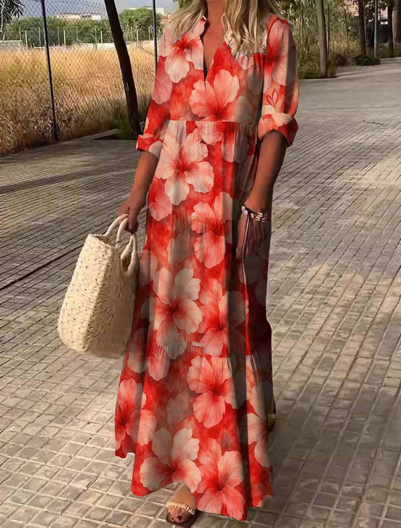 Women Floral, Pink, Red,Hot DZDN0072 SPU Printed Long Sleeve V-neck Maxi Dress