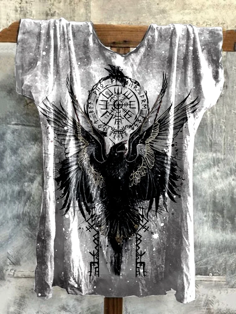 Retro Viking CrowTotem Print Washed T-Shirt