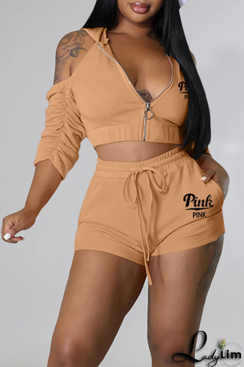 Black Sexy Print Patchwork Hooded Collar Three Quarter Two Pieces