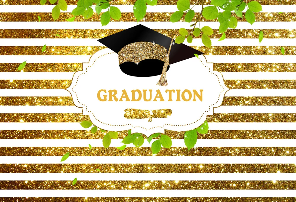 Gold White Stripes And Green Leaves Graduation Party Backdrop RedBirdParty
