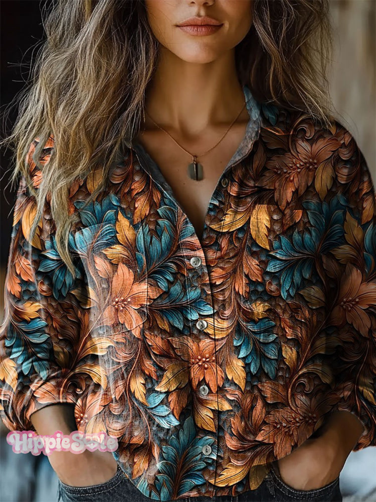 Women’s Retro Flowers Print Casual Long Sleeve Comfortable Cotton Shirt Multicolor / S