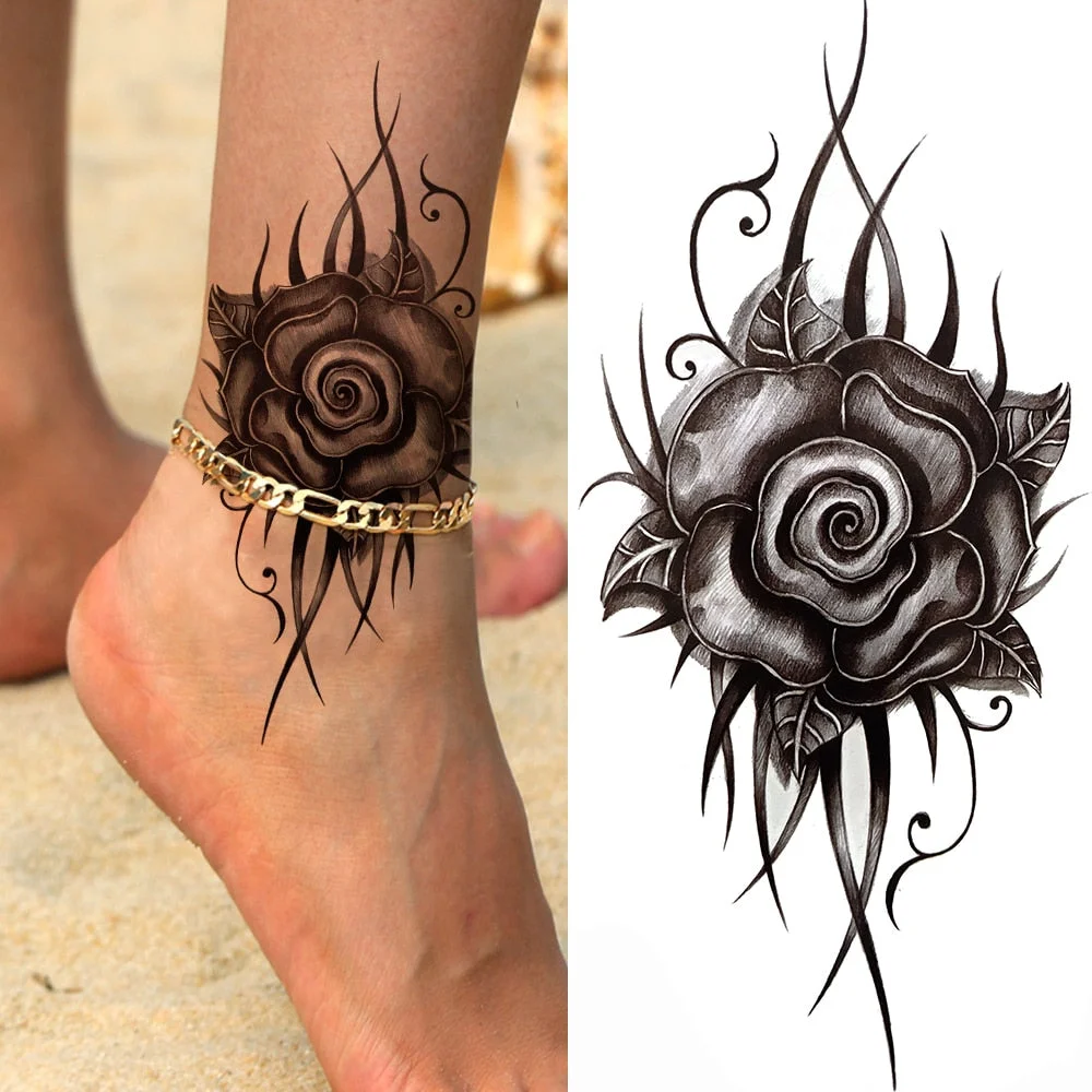 Fake Flower Rose Temporary Tattoos For Women Girl Peony Daisy Deer Moon Tattoos Sticker Black Cluster Body Art Painting Tatoos