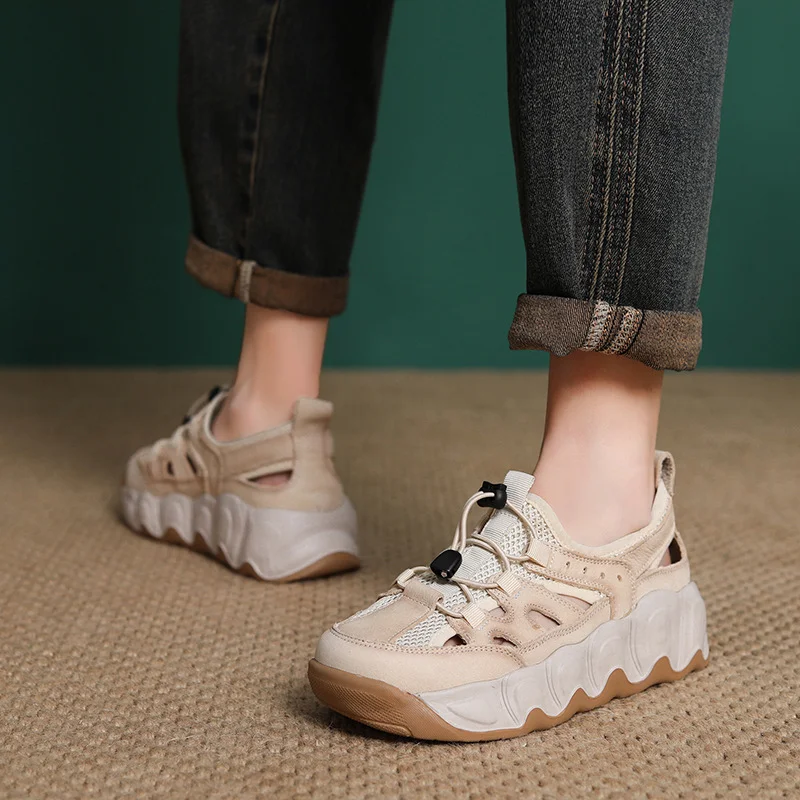 Yyvonne Layer Kraft Breathable Mesh Hollow Sandals Women 2025 Summer New Thick-Soled Comfortable Sports Casual Shoes