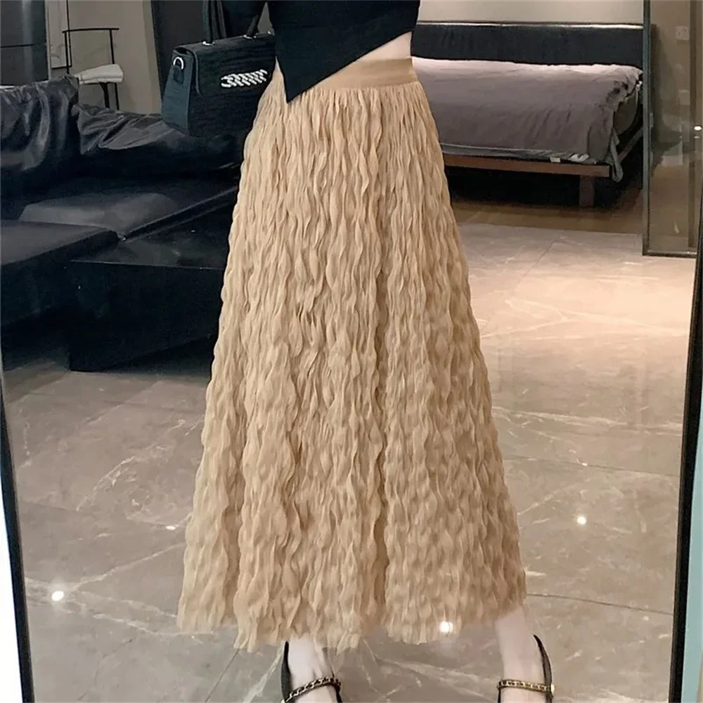 Toneke High Waisted Party Beach Long Skirts Solid Color Pleated Long Skirt Women 2025 Spring Summer French Style Mesh Sweet Elastic