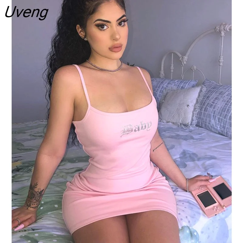 Uveng White Cami Dress Baby Letter Rhinestones Summer 2023 Club Party Outfits Women Spaghetti Strap Bodycon Mini Tight Dress Y2K