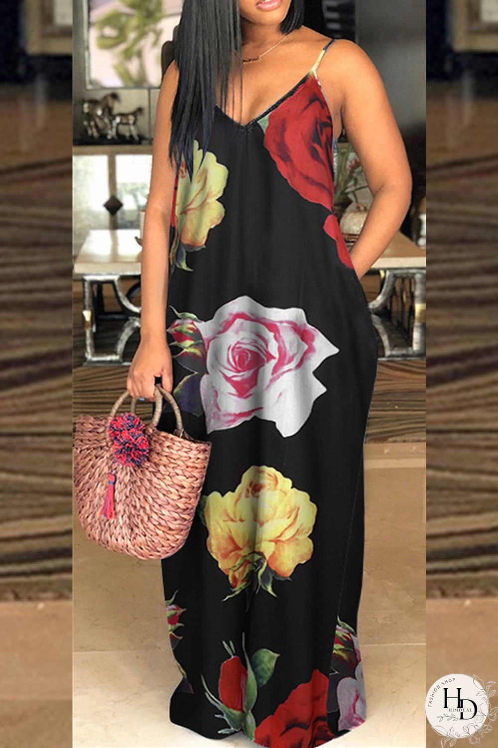 White Sexy Print Split Joint Spaghetti Strap Straight Dresses