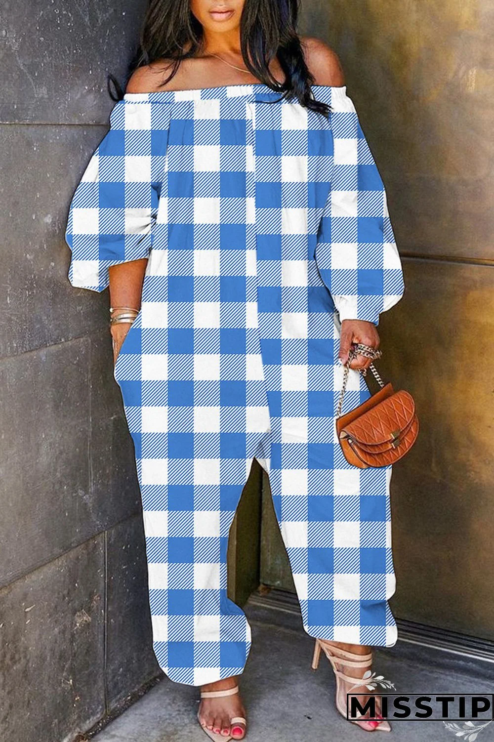 Blue White Casual Print Patchwork Off the Shoulder Regular Jumpsuits