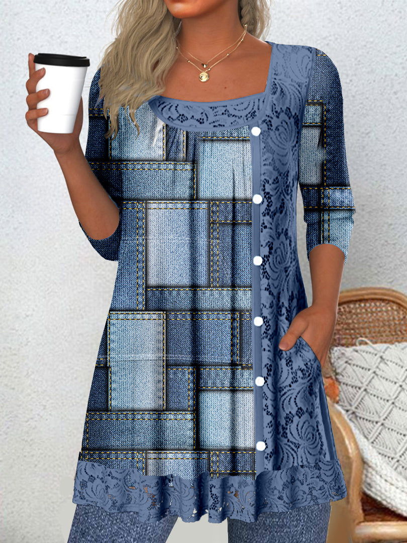 Women's Long Sleeve Scoop Neck Graphic Lace Buttons Top