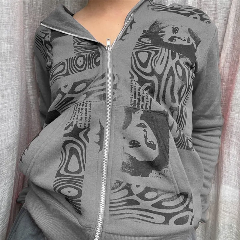 Xingqing Women Full Zip Hoodies Fashion Portrait Print Long Sleeve Loose Sweatshirt Tops Y2K Aesthetic Ladies Clothes Streetwear