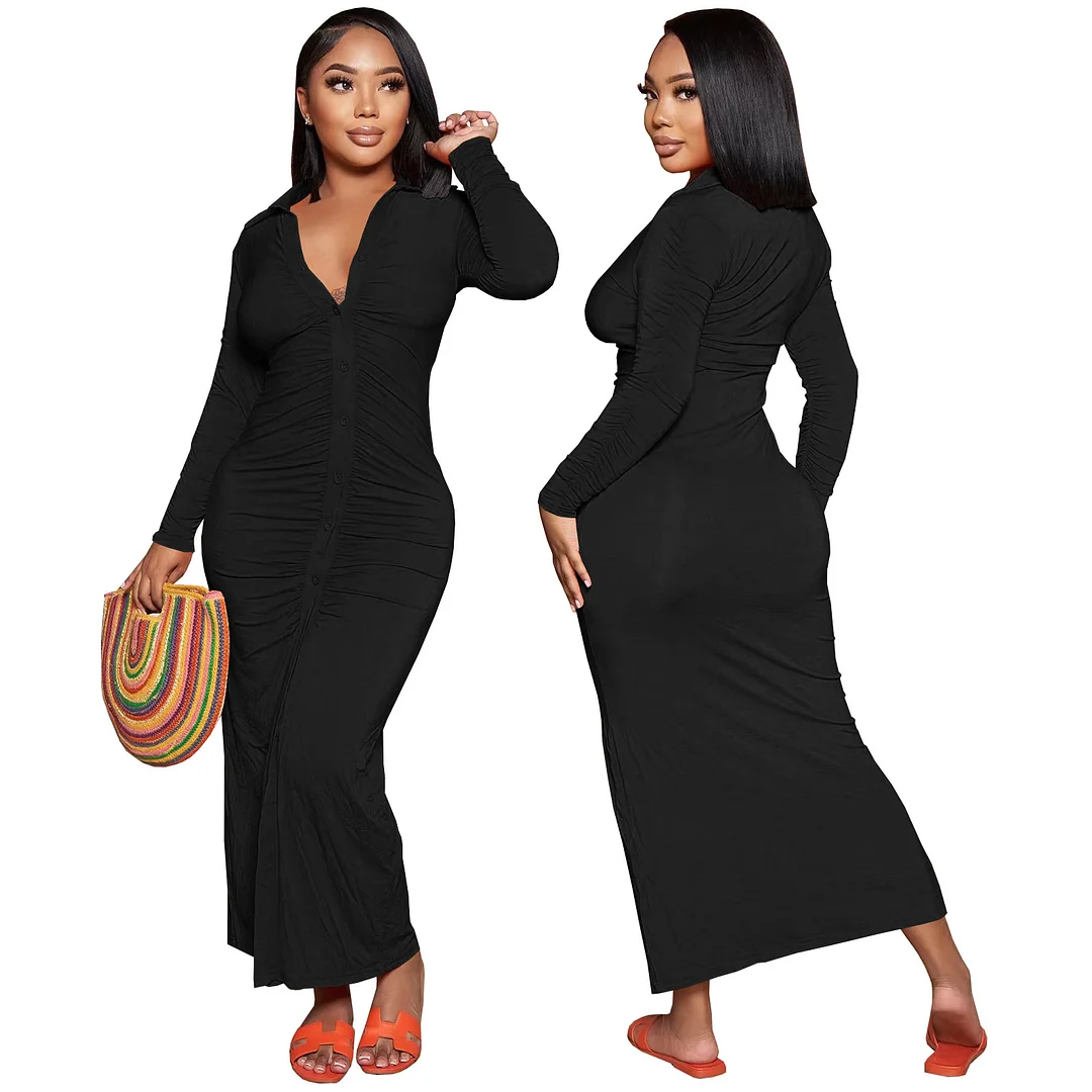 PASUXI New Trendy Solid Color Single Breasted Ruffled Dress Long Sleeve Women Casual Long Dresses