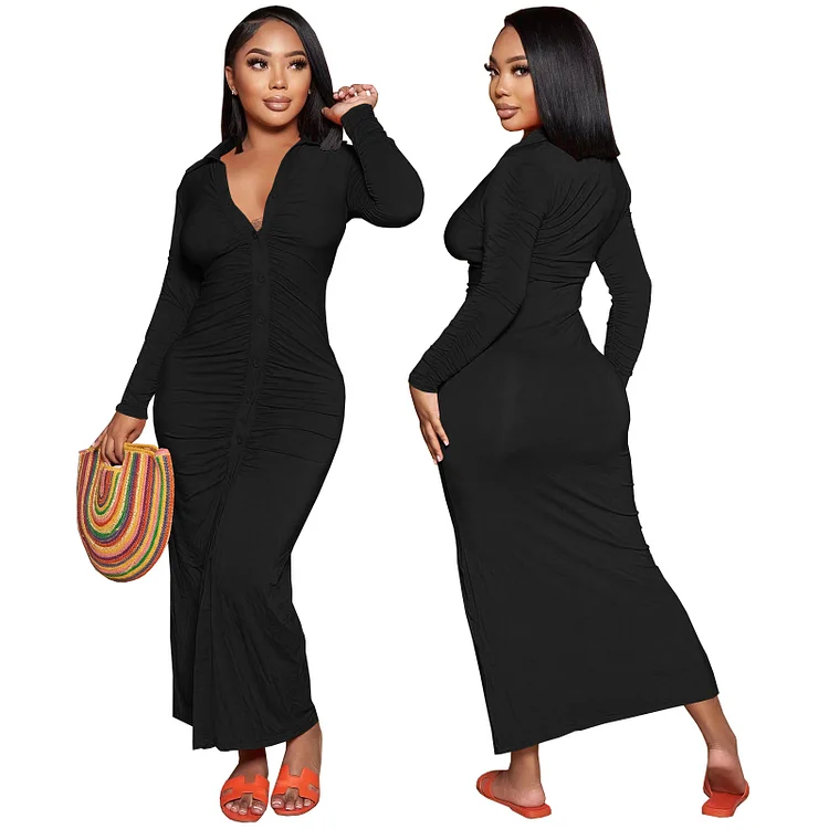 PASUXI New Trendy Solid Color Single Breasted Ruffled Dress Long Sleeve Women Casual Long Dresses huanwei